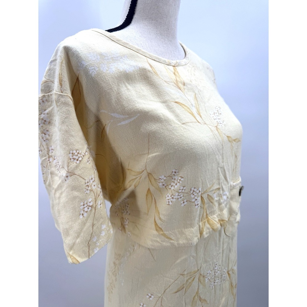 VTG 90s Real Cottagecore Yellow Floral Linen Maxi Dress 16 W Country Lagenlook - Picture 6 of 12